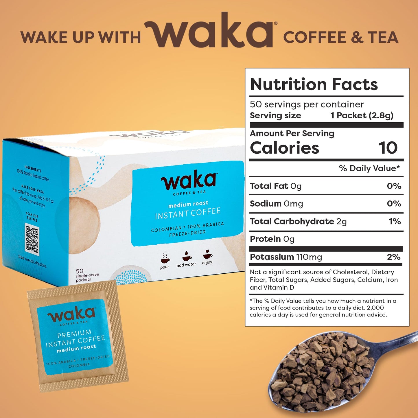 Waka Coffee Premium Instant Coffee, Medium Roast, 50 Single Serve Packets, 100% Arabica Beans, Freeze Dried Granules