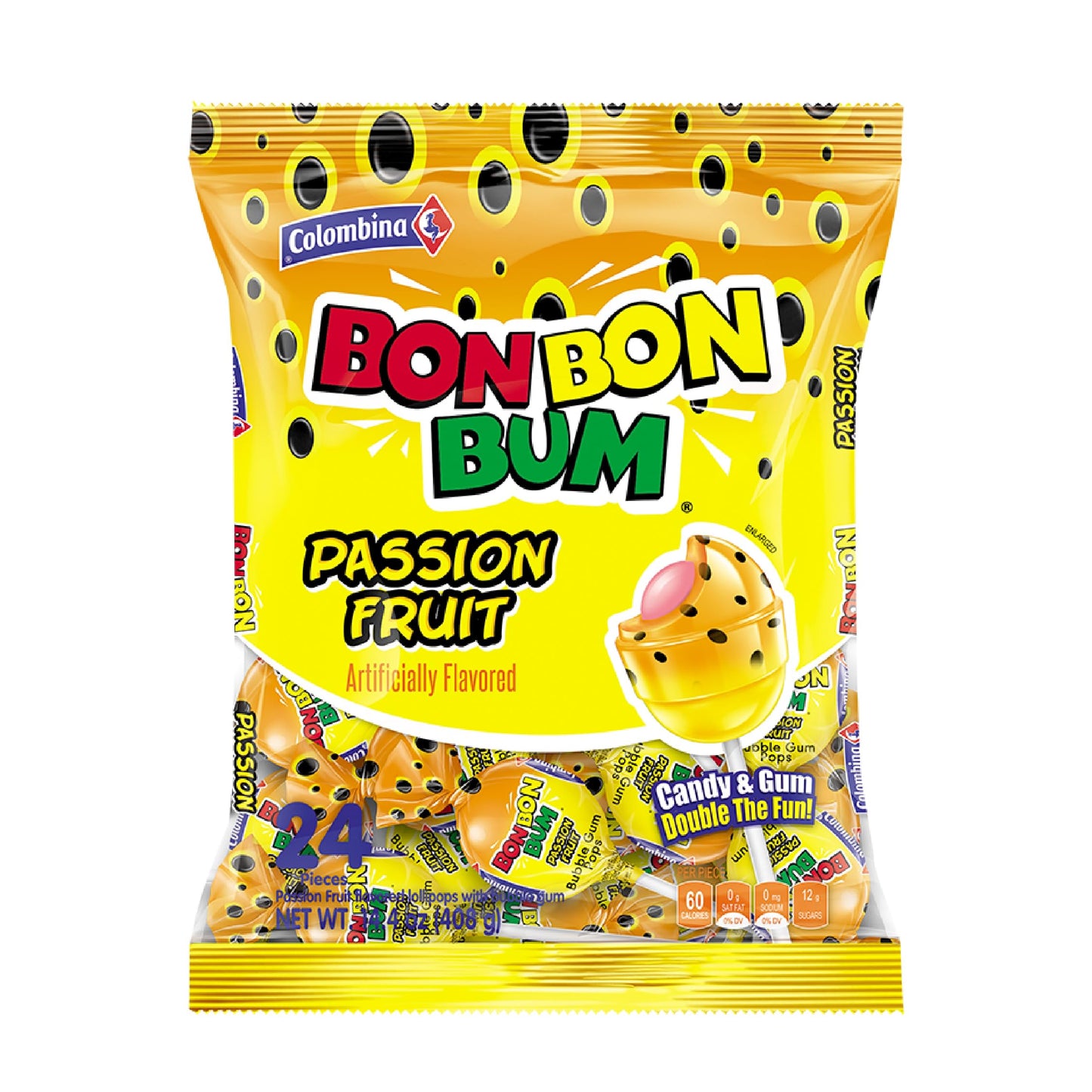 Colombina Bon Bon Bum Lollipops W/Bubble Gum Center, Passion Fruit Flavor, Individually Wrapped, Ideal For Party Favors And Gifts, 1 Pack (24 Count)