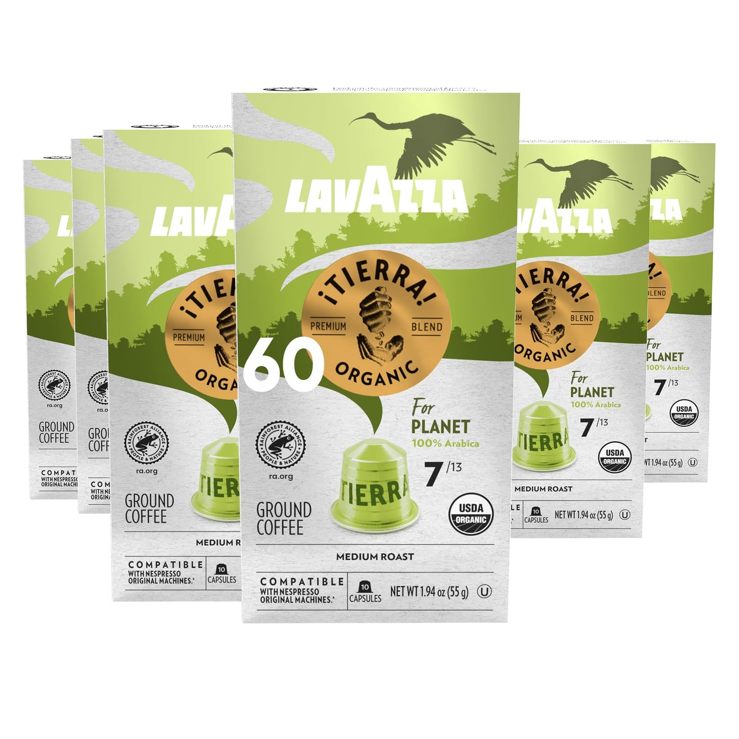 Lavazza ¡Tierra! For T Aluminum Capsules Compatible With Nespresso* Original Machines, Medium Espresso Roast, 100% Arabica (60 Capsules)