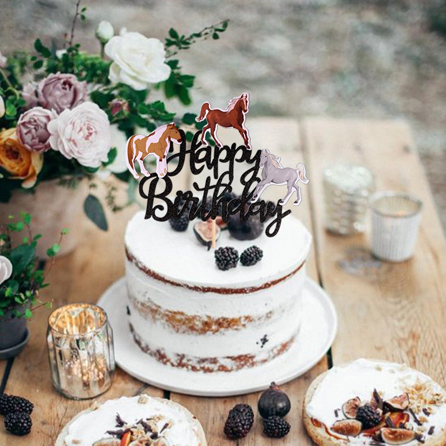 YCTHUNFISH Horse Birthday Cake Topper, Glitter Paper Decoration, Equestrian Theme, Black