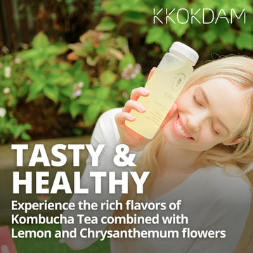 Kkokdam Kombucha Tea - Lemon & Chrysanthemum Korean Tea - Kombucha Drinks Probiotic Support, Low Calorie, Sugar Free Kombucha Pa