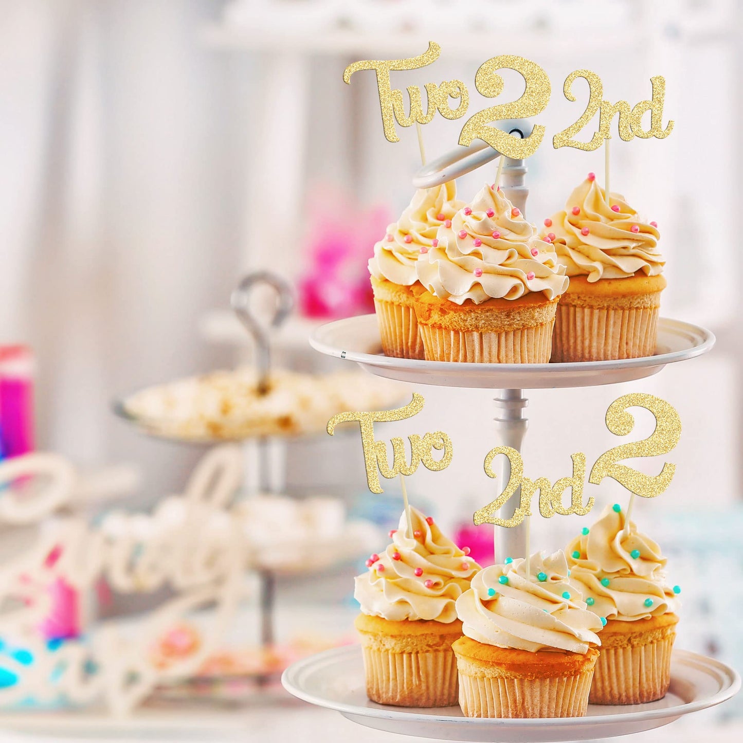24Pcs 2Nd Birthday Cupcake Toppers Glitter Second Birthday Two Cupcake Picks For Baby Shower 2Nd Birthday Anniversary Party Cake