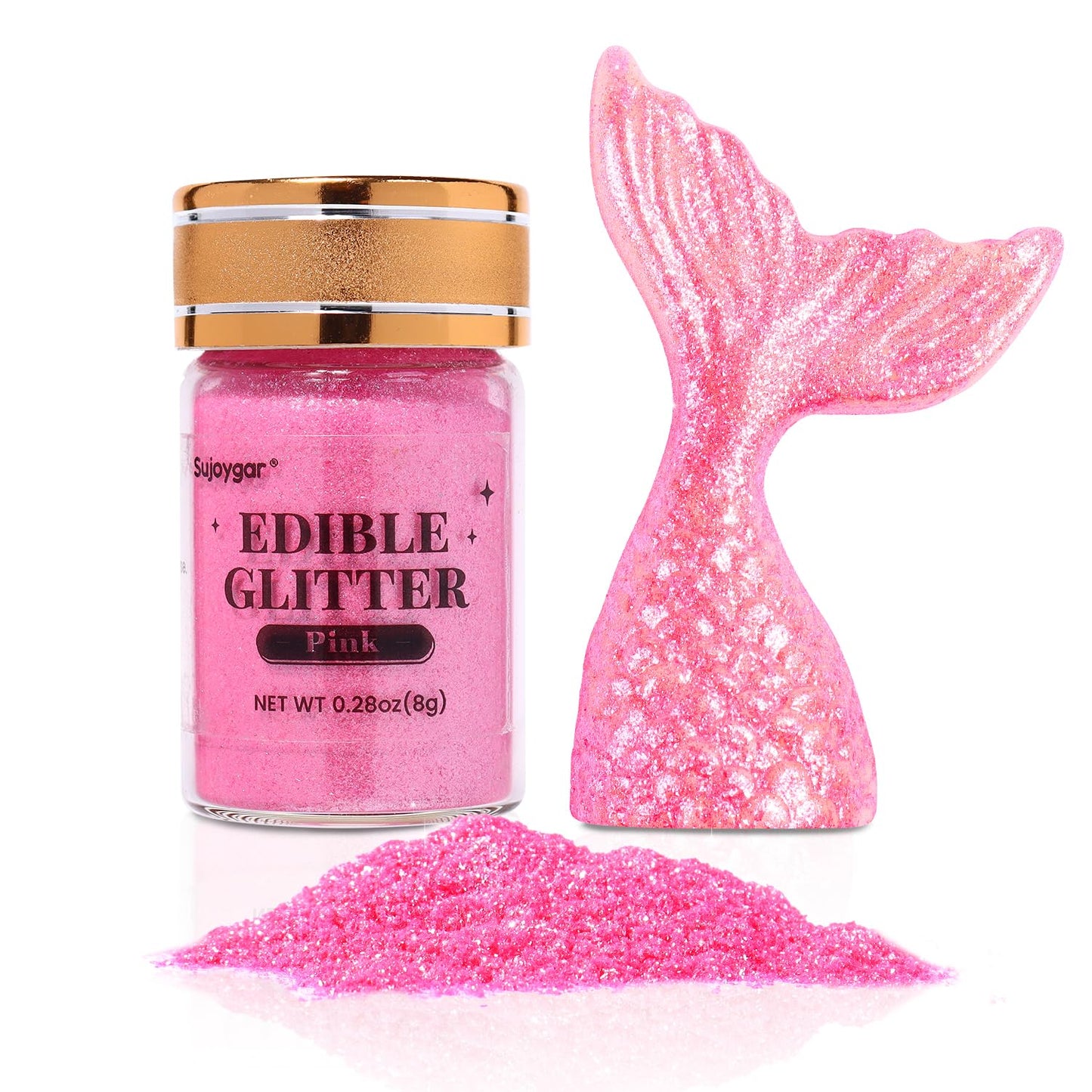 Sujoygar Edible Glitter, Food Grade, 8g, Pink, Kosher & Halal Certified for Drinks, Cupcakes, Baking