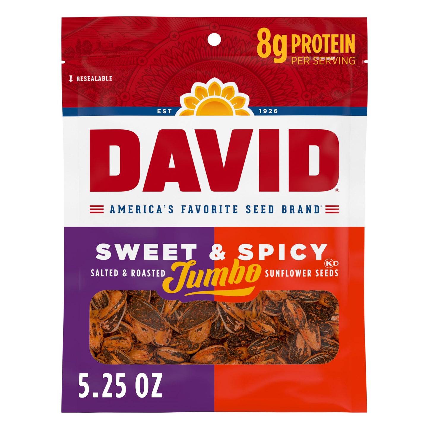 David Roasted And Salted Sweet And Spicy Jumbo Sunflower Seeds Keto Friendly 5.25 Oz 12 Pack