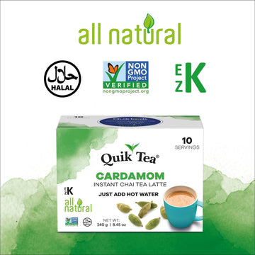 Quiktea Cardamom Instant Chai Tea Latte - 10 Count Single Box - Superfood Antioxidant, Digestion Tea