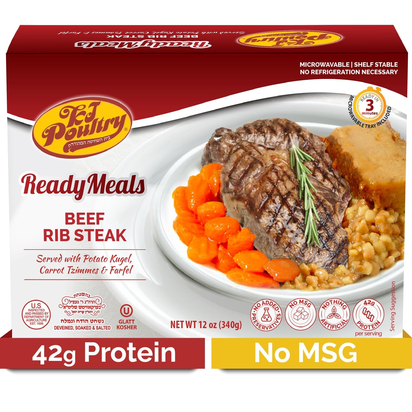 KJ Poultry Kosher Ready Meals - Beef Rib Steak & Kugel, MRE Meat Meals Ready to Eat, Shabbos Food (1 Pack) Prepared Entree Fully