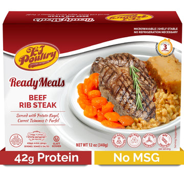 KJ Poultry Kosher Ready Meals - Beef Rib Steak & Kugel, MRE Meat Meals Ready to Eat, Shabbos Food (1 Pack) Prepared Entree Fully