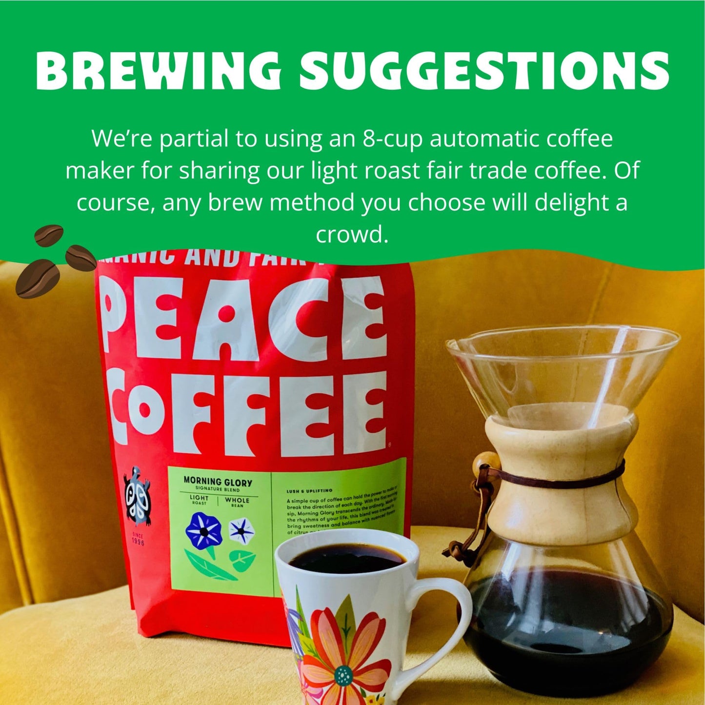 Peace Coffee Morning Glory Signature Blend | 5 Lb Whole Bean Light Roast | Organic Fair Trade | Smooth, Mild Flavor | Shade Grow