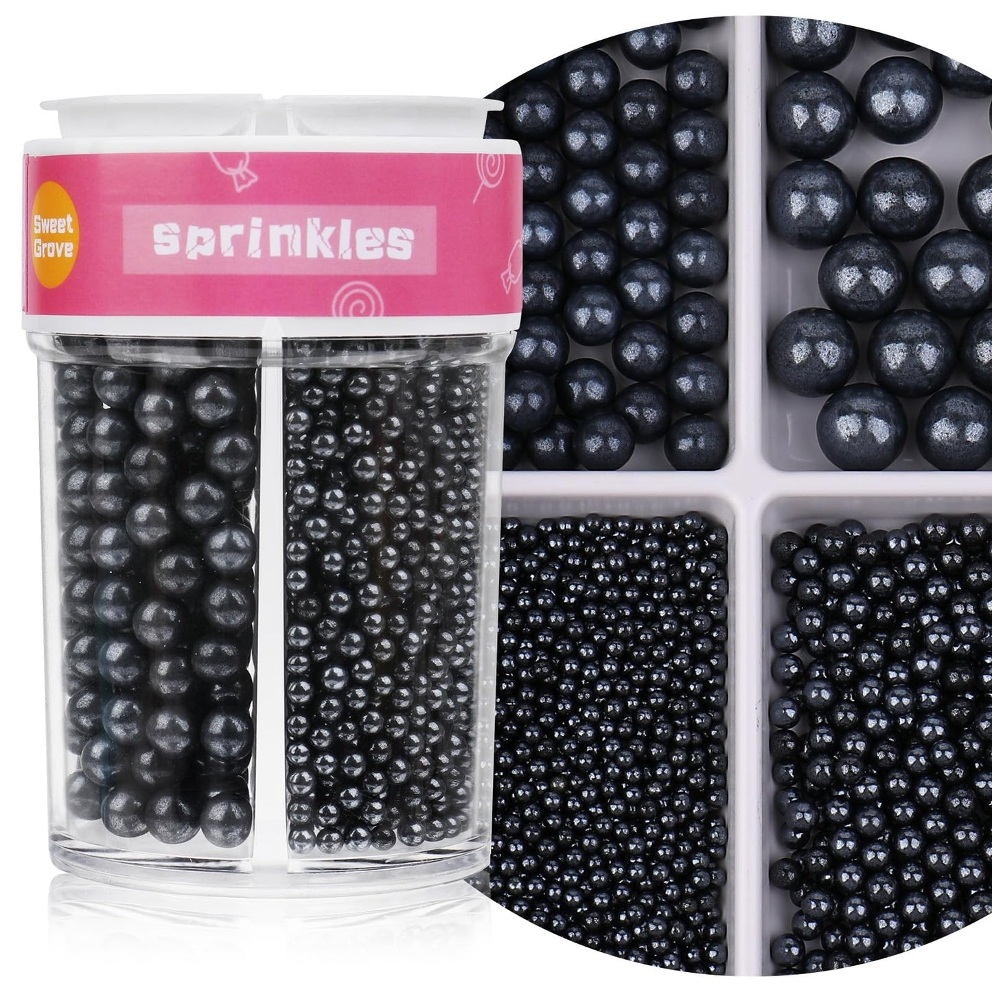 Black Sprinkles For Cake Decorating 7.8Oz Edible Pearl Sprinkles Sugar Candy Pearls For Baking Cookie Decorations & Cupcake Topper Wedding Party Halloween Supplies (Black 4 Sizes)