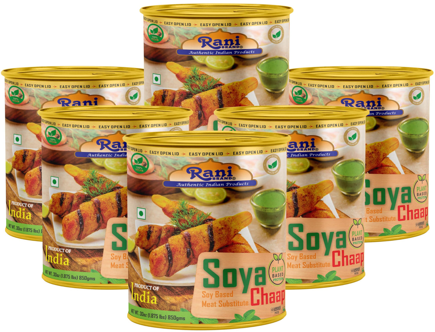 Rani Soya Chaap (Plant Based Protein) 30oz (1.875lbs) 850g, Pack of 6 ~ Easy Open Lid | All Natural | Vegan | No Colors | NON-GM