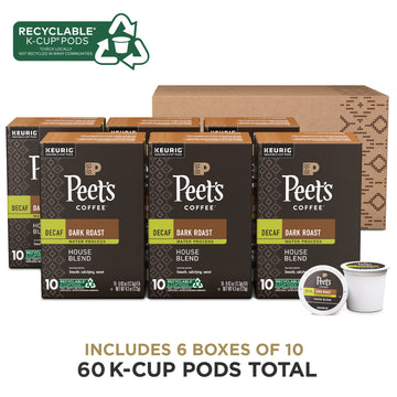 Peets Coffee Dark Roast Decaf K-Cup Pods - 60 Count (6 Boxes of 10) - Decaf House Blend - Model 515044
