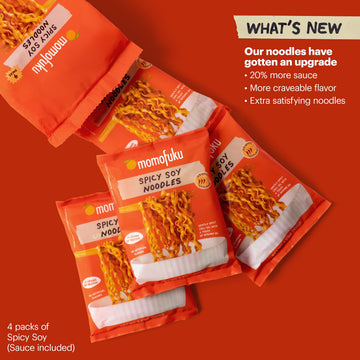 Spicy Soy Noodles Ramen Noodles by David Chang, 4 Pack of Restaurant Quality Air-Dried Instant Noodles Now with More Sauce & 10g