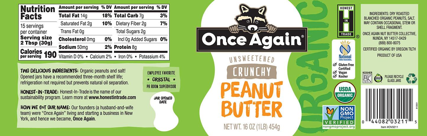 Once Again Organic Crunchy Peanut Butter, 16oz - Lightly Salted, Unsweetened - USDA Organic, Gluten Free Certified, Vegan, Koshe