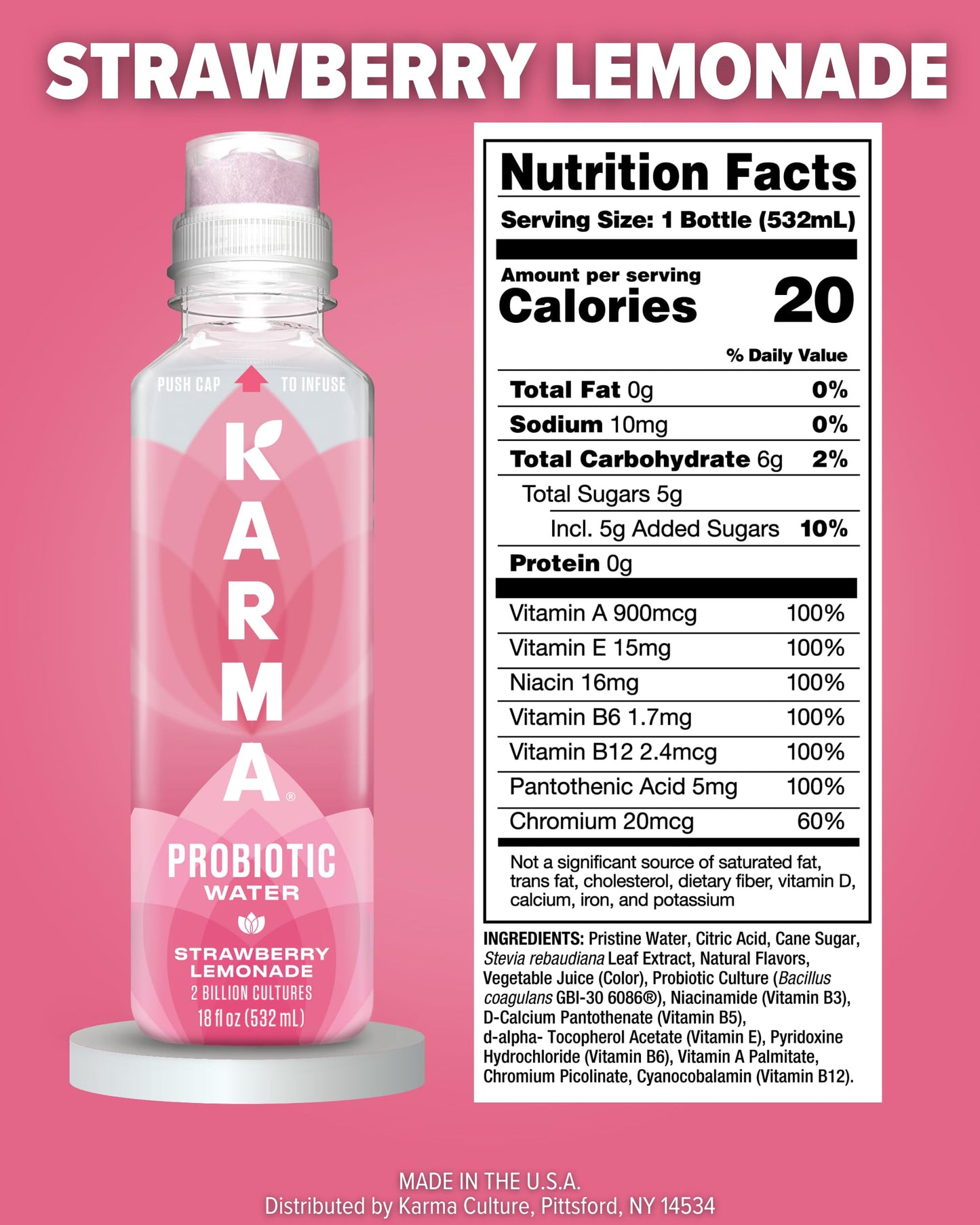 Karma Probiotic Water - 12 Pack, Strawberry Lemonade Drink - Immune & Gut Health Support