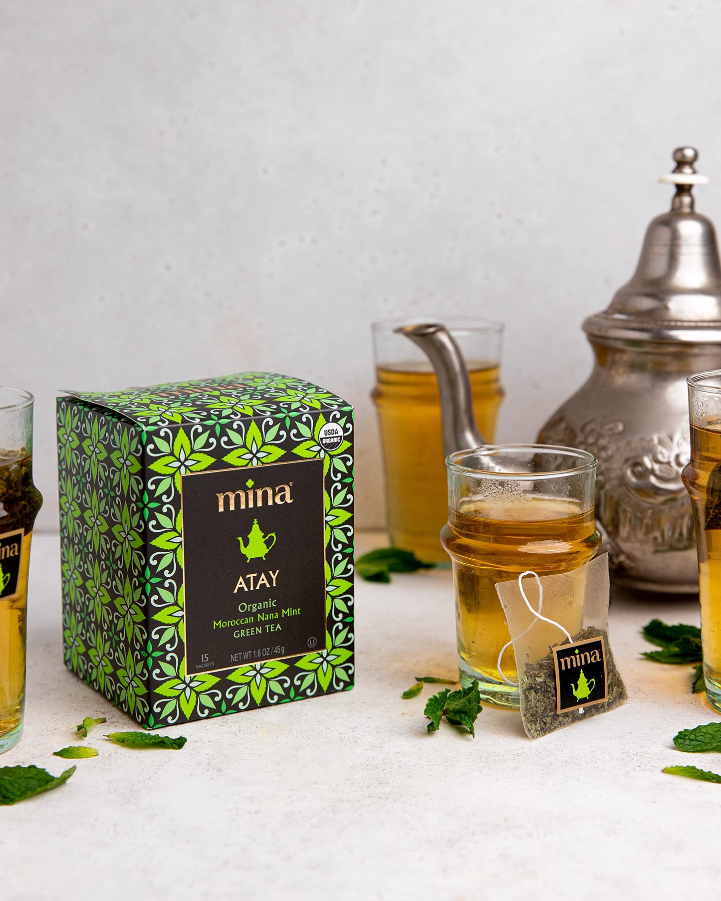 Mina Organic Moroccan Nana Mint Green Tea Bags, 15 Biodegradable Sachets, 6 Pack (90 Count) - Low Caffeine Refreshing Green Tea