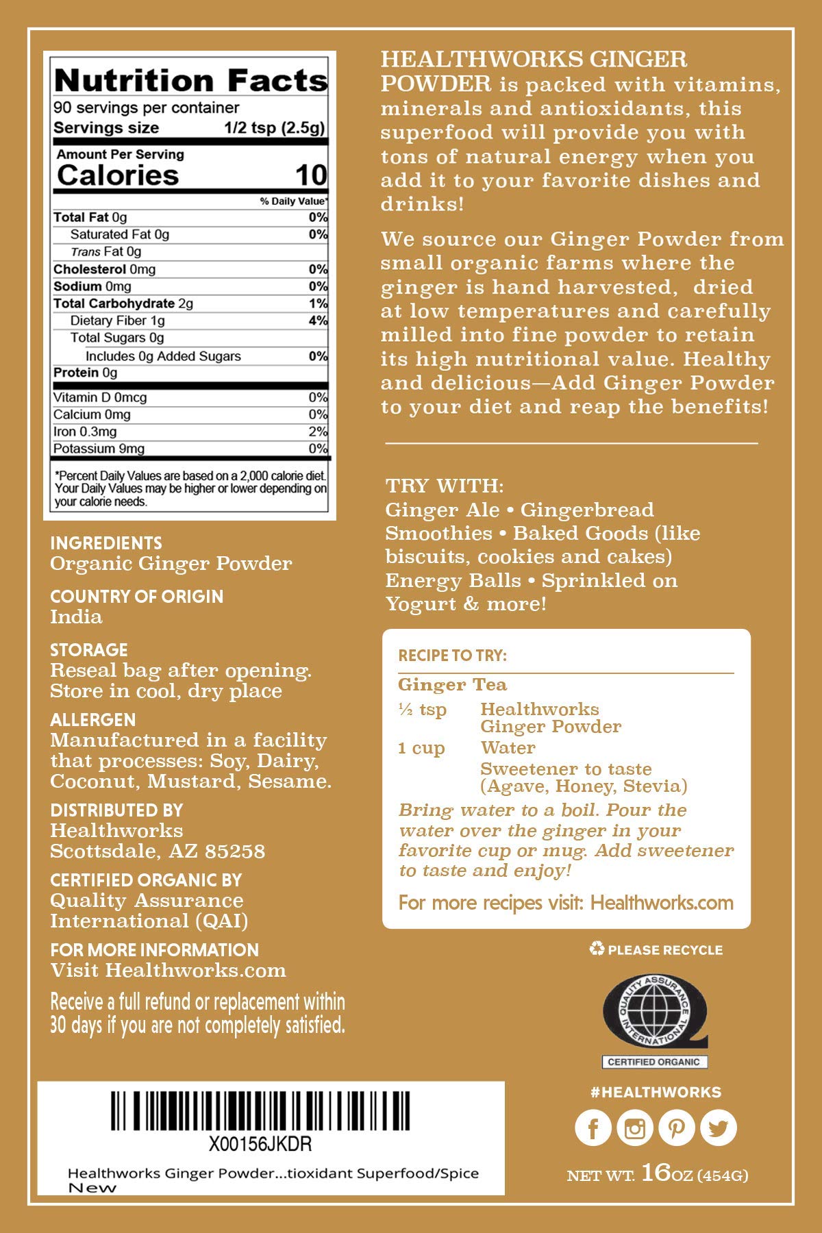 Healthworks Ginger Powder (16 Ounces / 1 Pound) | Ground | Raw | All-Natural & Certified Organic | Keto, Vegan | Great with Coff