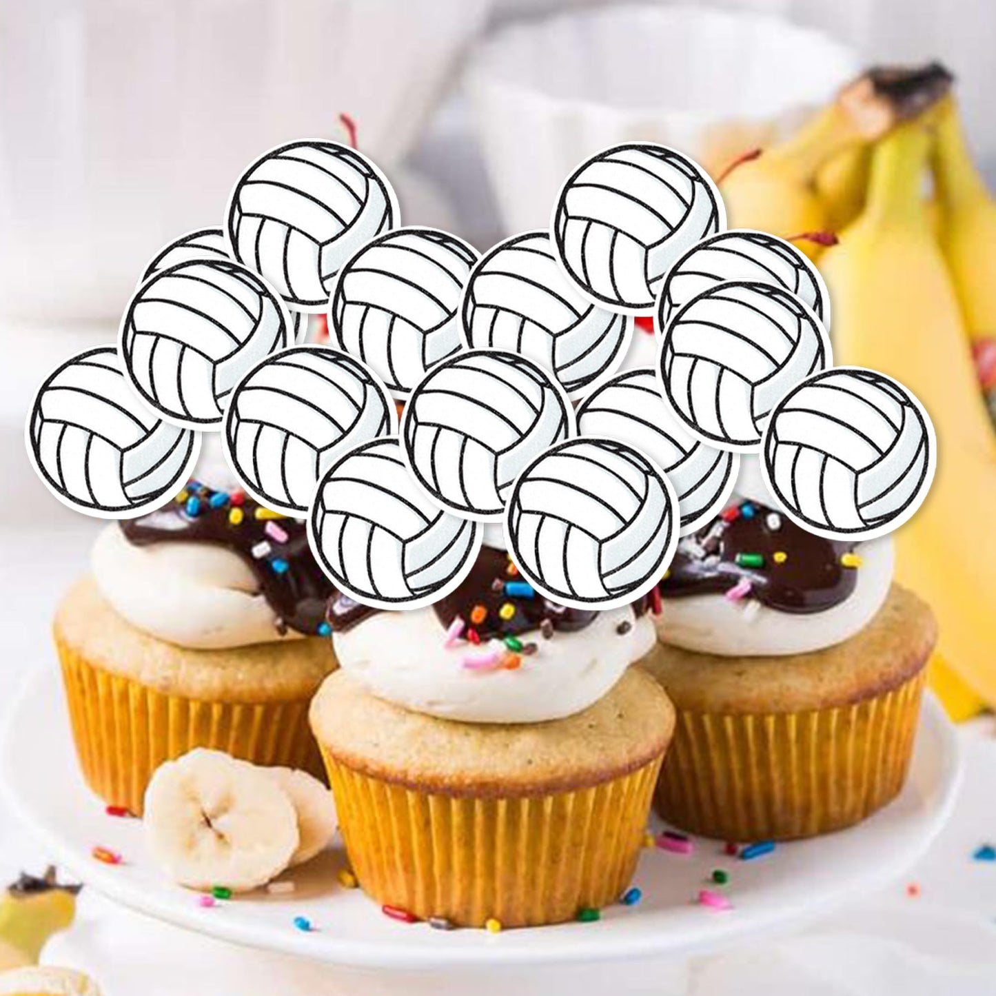 Rssta i 48 Pack Edible Sports Ball Cupcake Toppers - Volleyball Design, 1.3 inches, Rice Paper for Kids Birthday Party Decorations