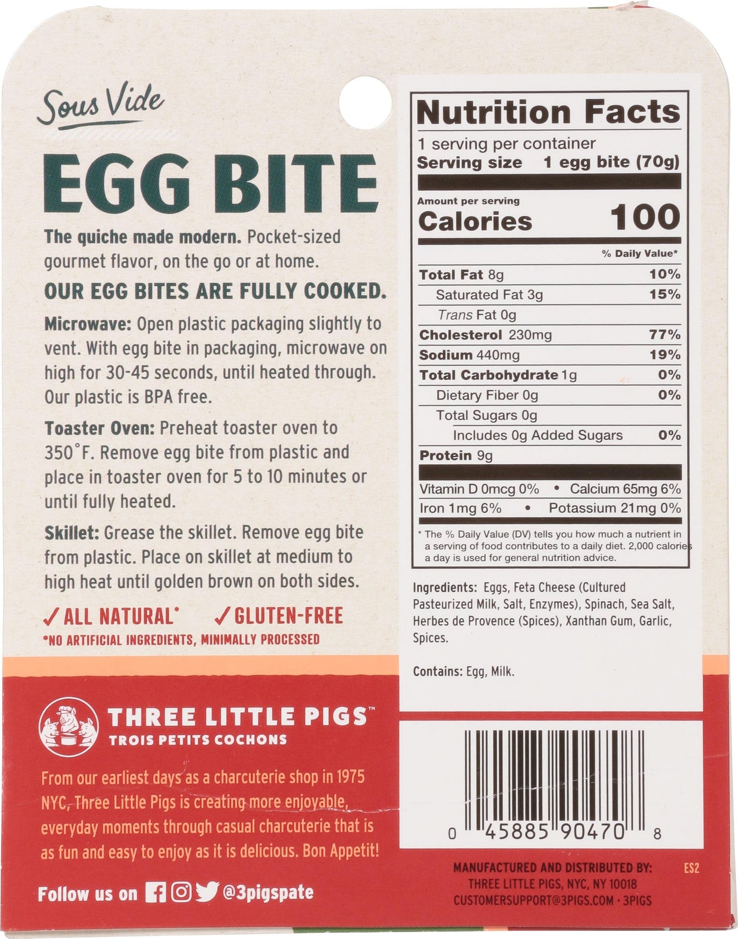 Generic Three Little Pigs Sous Vide Egg Bite Spinach & Feta, 2.5OZ, 12 Pack