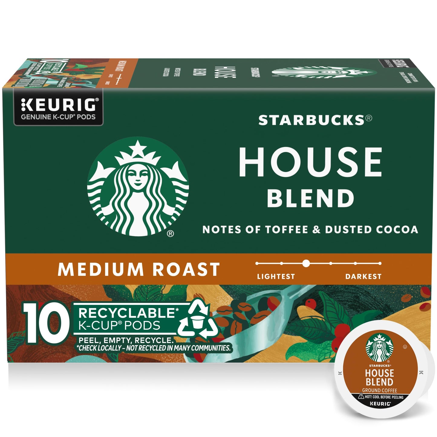 Starbucks K-Cup Coffee Pods Medium Roast Coffee House Blend 100% Arabica 1 Box (10 Pods)