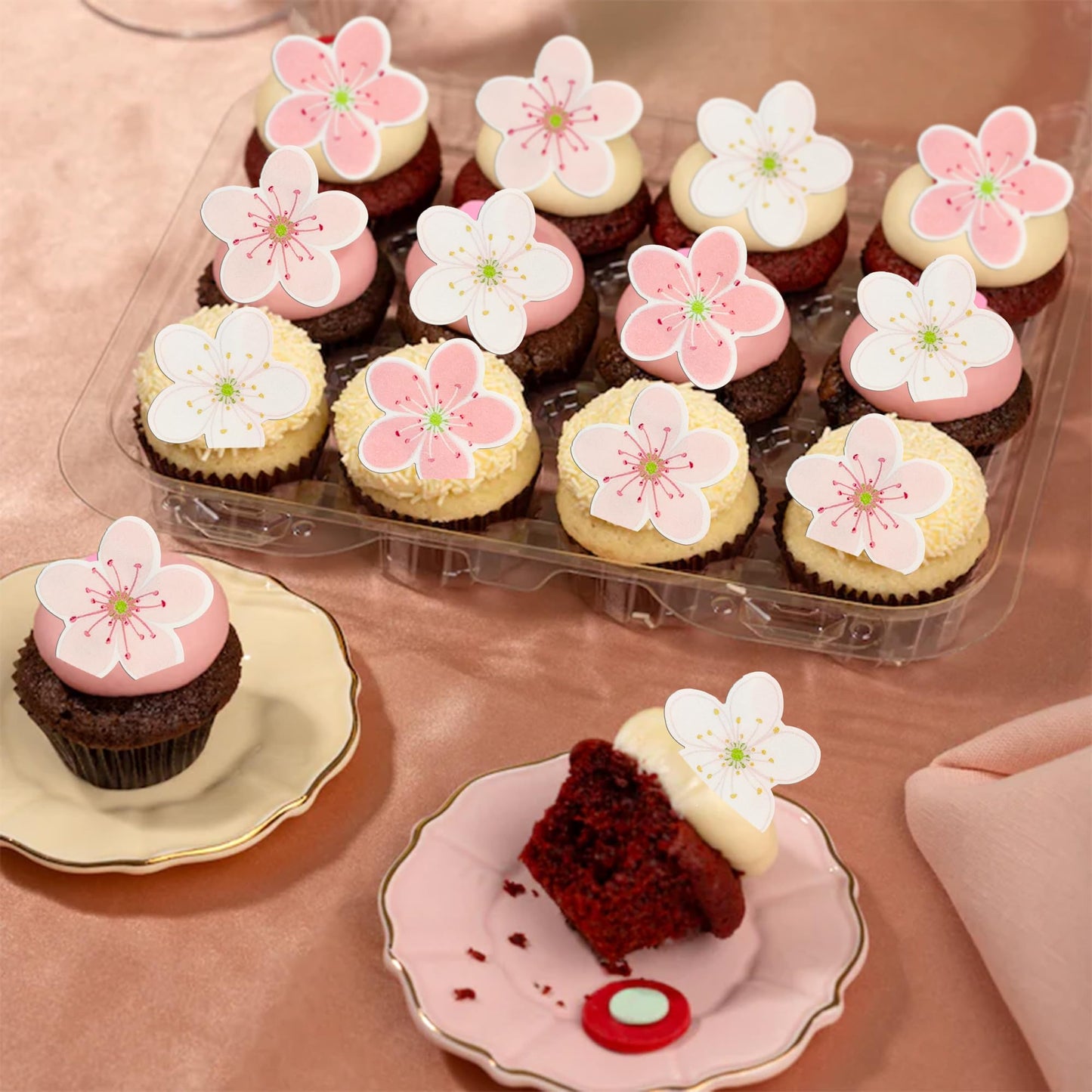 Ephlyn Edible Cherry Blossom Cake Decoration 54Pcs Wafer Paper Flowers 1.8x1.8 inches Pink White