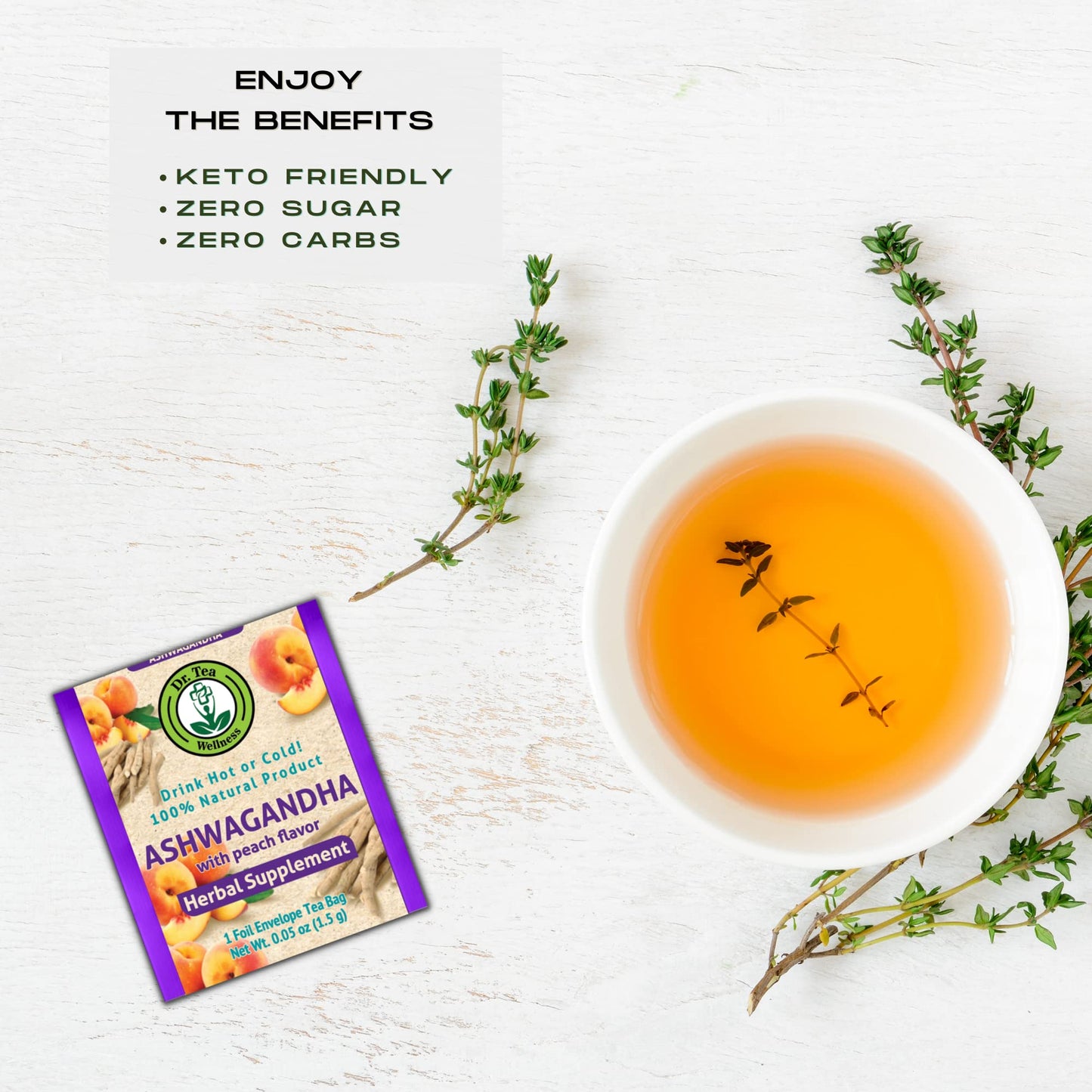Dr. Tea Ashwagandha Tea with Peach Flavor - 20 Tea Bags for Wellness