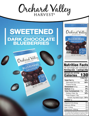 Orchard Valley Harvest Dark Chocolate Covered Blueberries, 1 Ounce(Pack Of 15), Gluten Free, Non-Gmo, No Artificial Ingredients