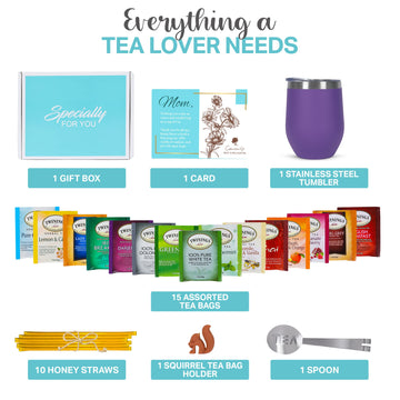 Mothers Day Gifts For Mom Gift Sets For Tea Lovers Women And Men Tumbler 15 Unique Teas 10 Honey Straws (Mom Card-Purple)