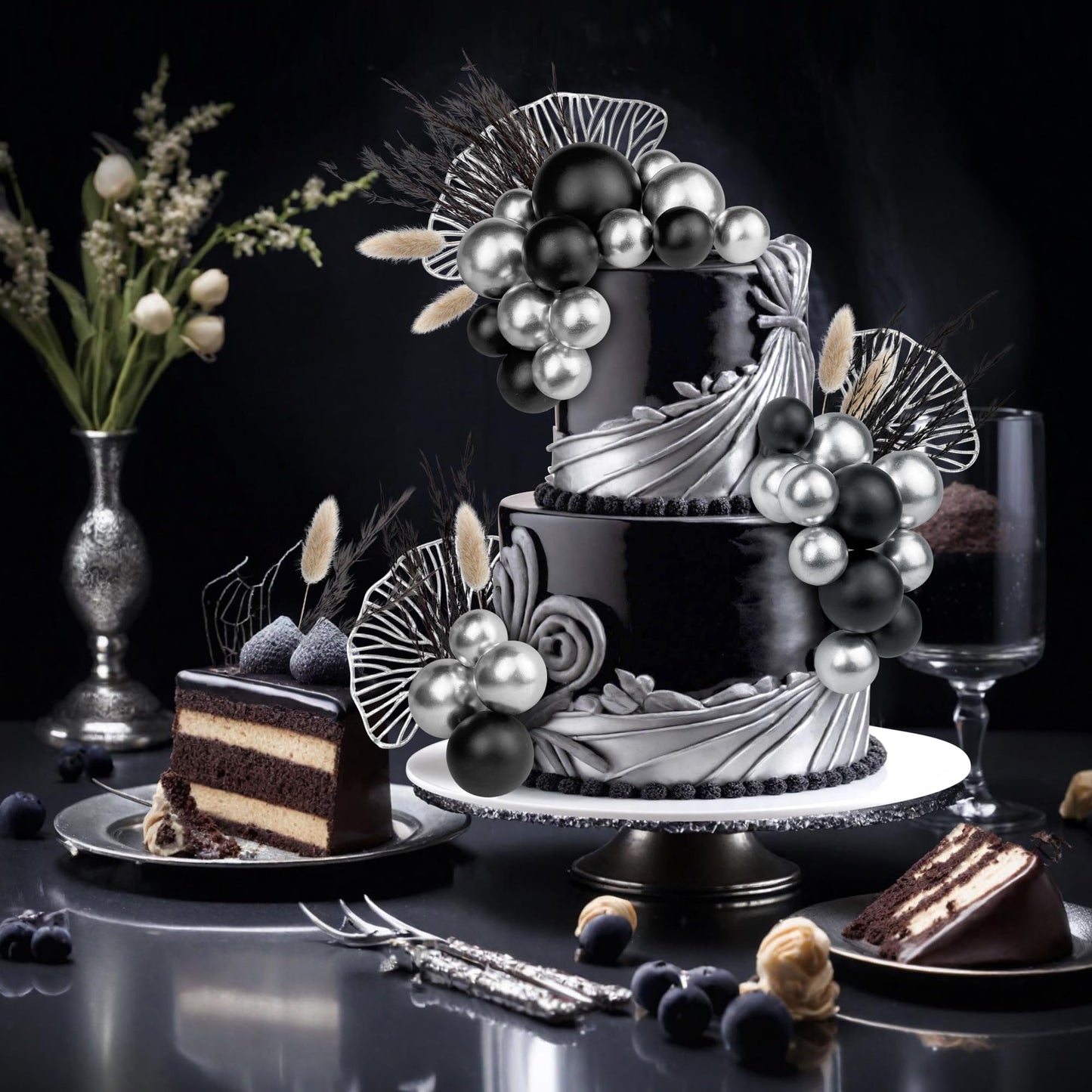 38 Pcs Silver Black Cake Toppers Ball Cake Decoration Boho Bunny Tails Reed Grass Cake Decoration For Boho Wedding Birthday Baby