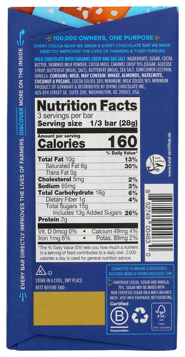 DIVINE CHOCOLATE Chocolate, 38% Milk Chocolate with Toffee & Sea Salt, 3 Oz