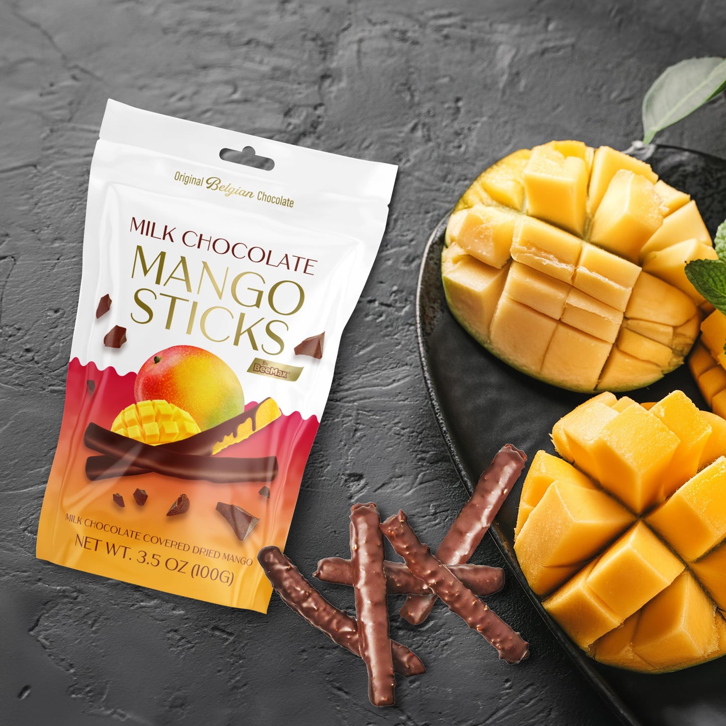BEEMAX Belgian Chocolate Covered Fruit Sticks - Gourmet Dried Fruit Treat, Milk Chocolate, 3.5 oz Resealable Pouch