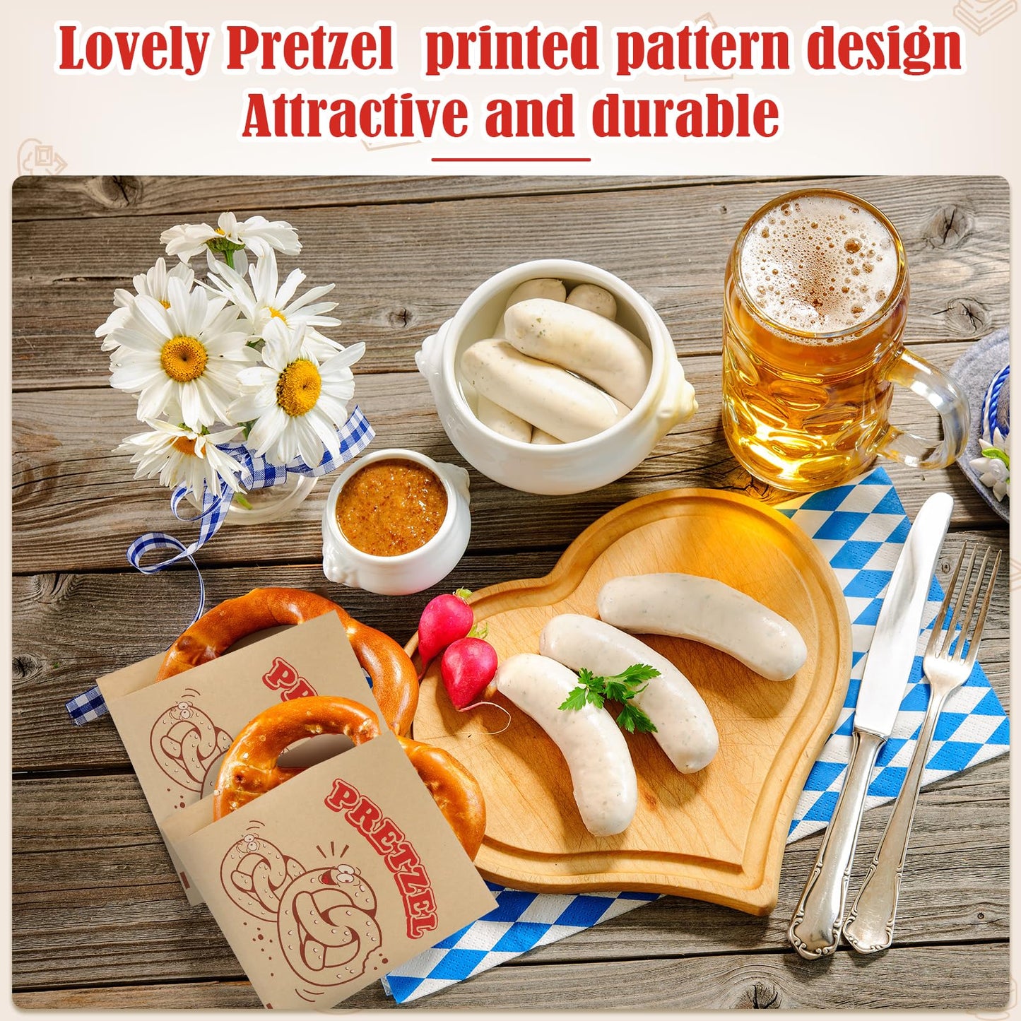Colarr Soft Pretzel Bags, Grease Resistant Paper Sandwich Wrappers, 6.69 x 7.09 Inch, Brown, 400 Pcs, Patterned Style