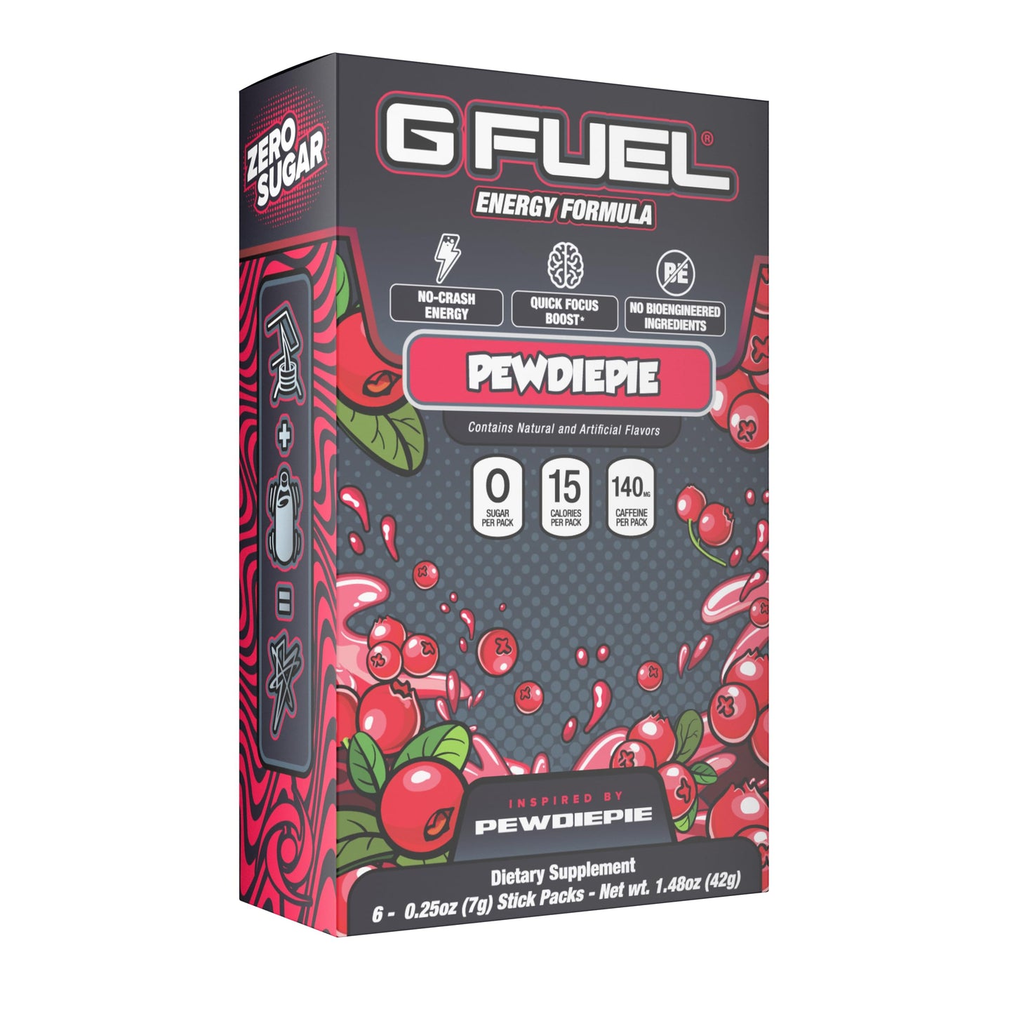 G Fuel PewDiePie Energy Powder Packets, Sugar Free, Lingonberry Flavor, Focus Amino Blend - 6 Stick Pack, 0.25 oz