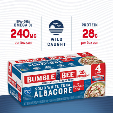 Bumble Bee Solid White Albacore Tuna in Oil, 5 oz Can (Pack of 4) - Wild Caught Tuna - 28g Protein per Serving, High in Omega-3s