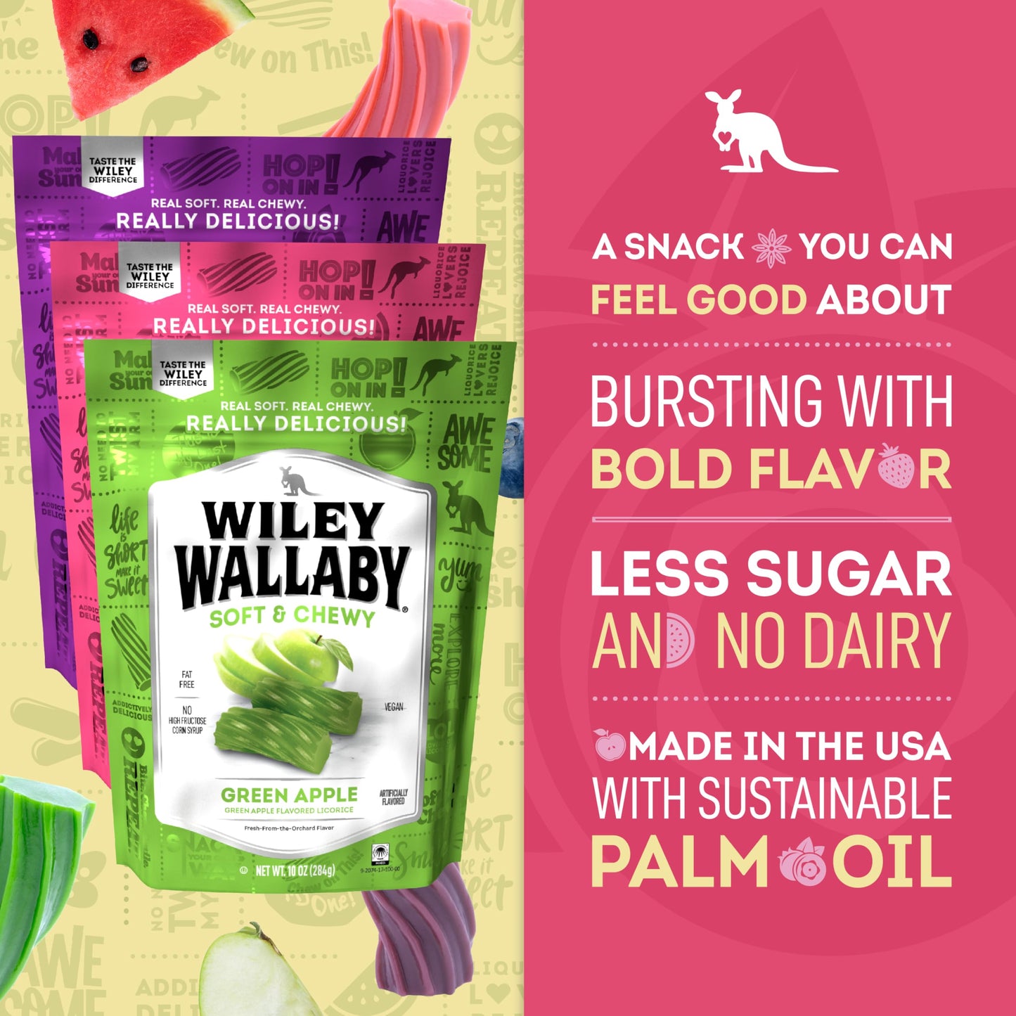 Wiley Wallaby Licorice 10 Ounce Variety Pack - Huckleberry, Apple & Watermelon Classic Gourmet Australian Style Soft & Chewy Lic