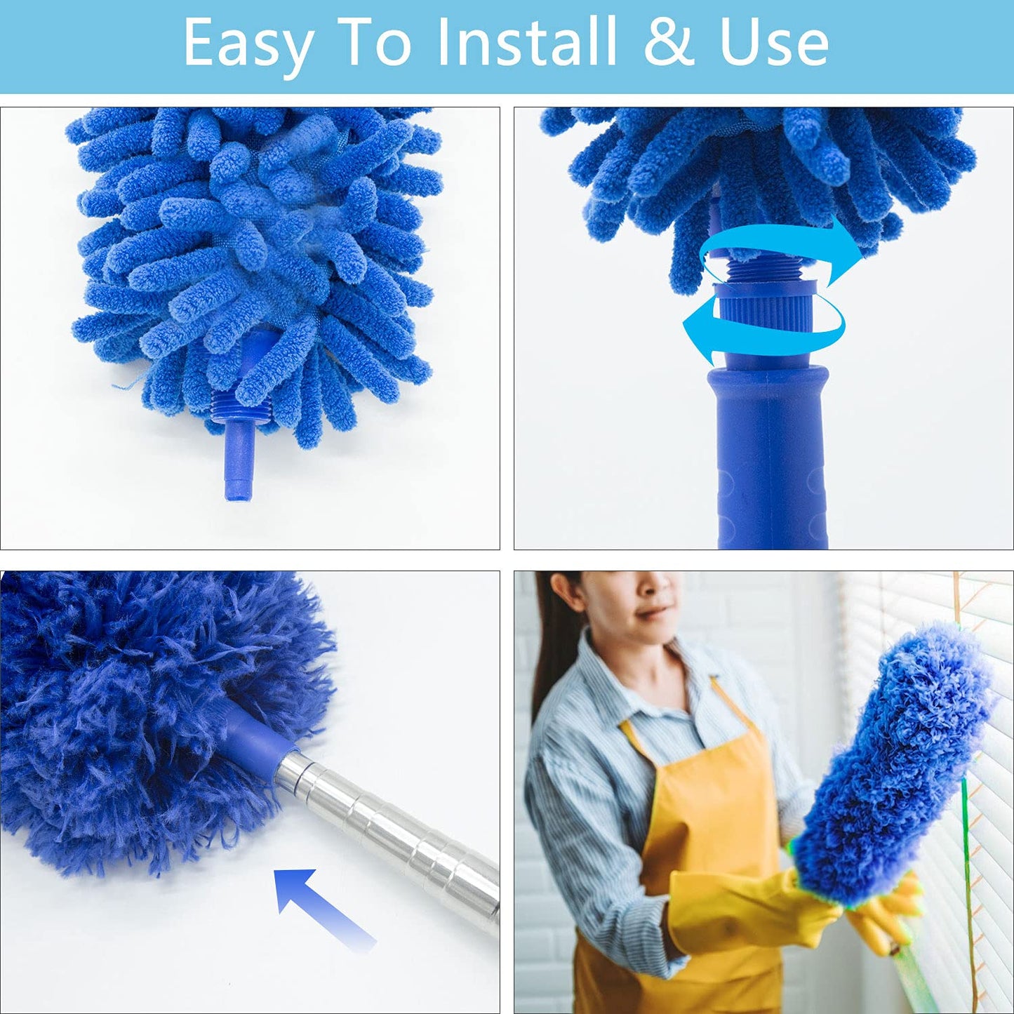 Microfibre Duster For High Ceilings, Duster For Cleaning Fan Cobweb, 100'' Telescopic Extension Pole Kit, Reusable Duster, Washa
