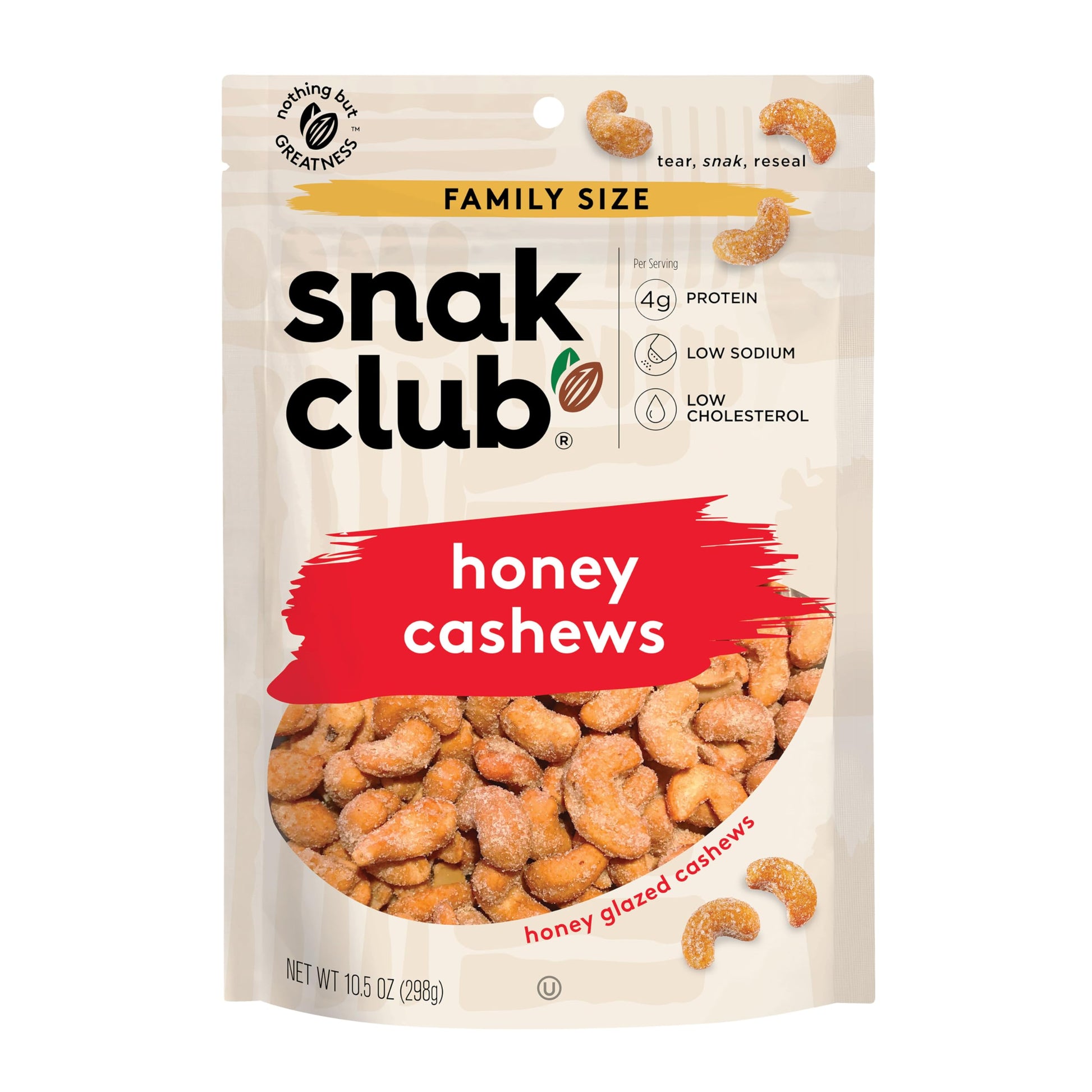 Snak Club Bags Honey Cashews, Crunchy, Glazed, Gluten-Free, Family Size, 10.5 Ounce