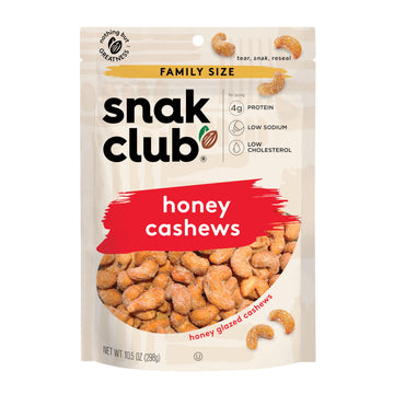 Snak Club Bags Honey Cashews, Crunchy, Glazed, Gluten-Free, Family Size, 10.5 Ounce