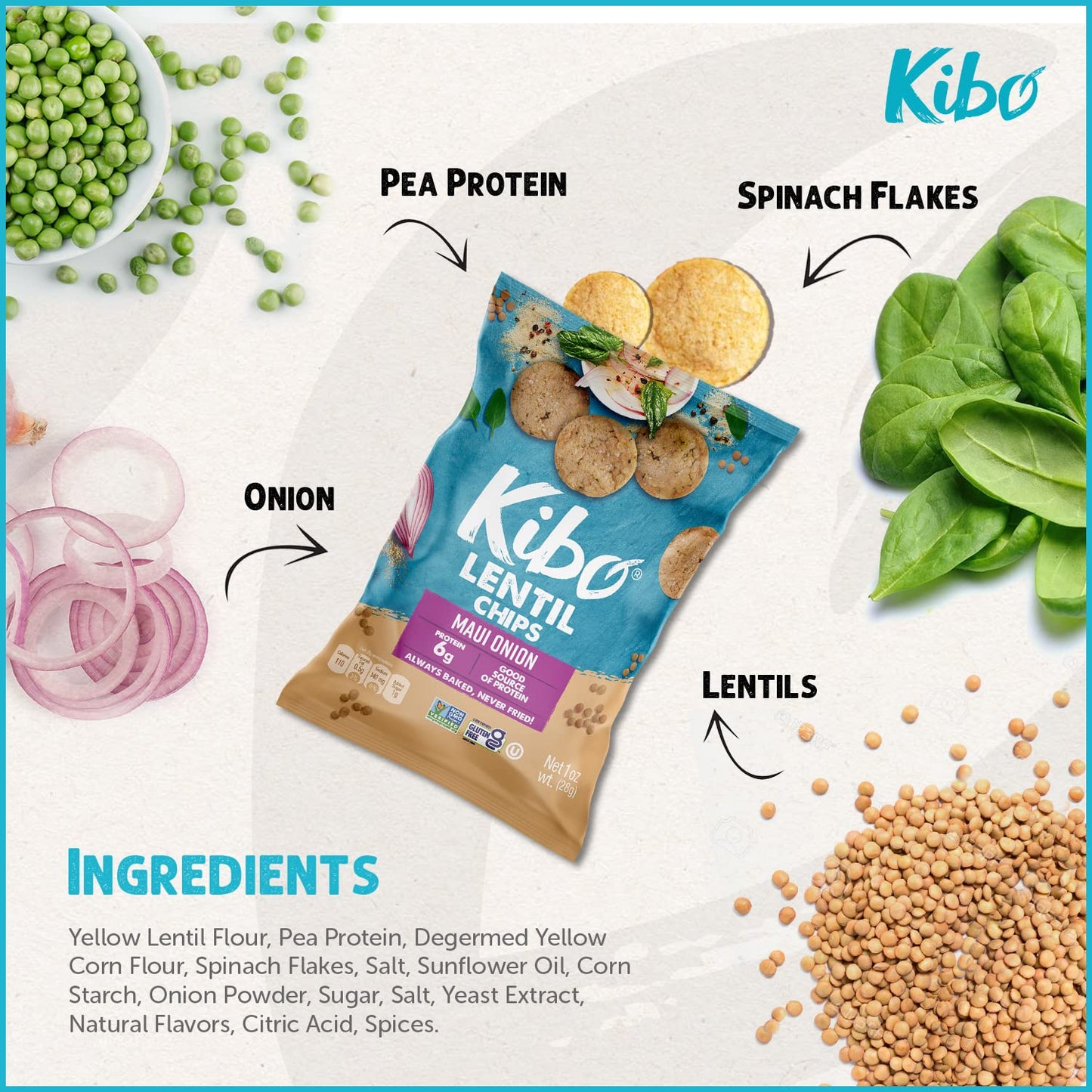 Kibo Maui Onion Flavor Gluten Free Non Gmo Plant Based Lentil Chips 28 Grams, 12 Pack
