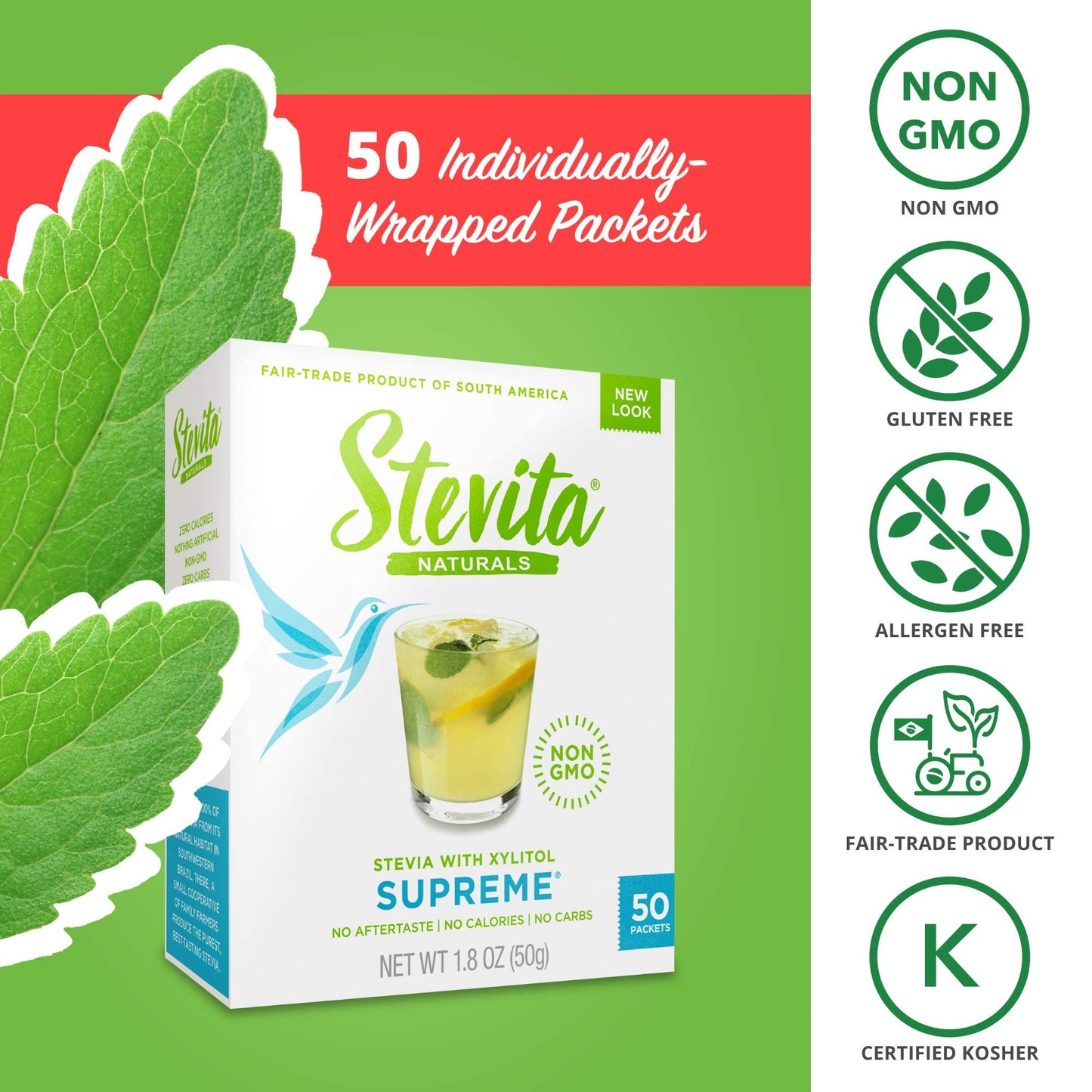 Stevita Stevia With Xylitol Supreme - 50 Packets - All-Natural Sweetener, No Calories - Non-Gmo, Vegan, Kosher, Keto, Paleo, Glu