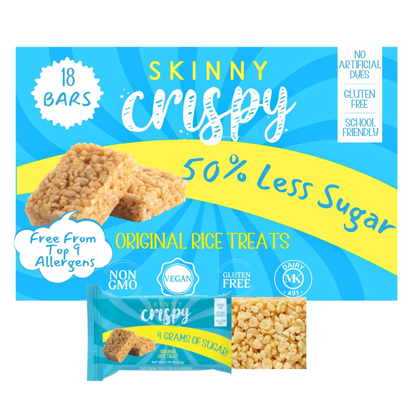 Skinny Crispy Original Vanilla Rice – Low Sugar (4G), Vegan, Gluten-Free, Dairy-Free, Non-Gmo, Top 9 Allergen-Free, Healthy Snack Bars, 18 Count