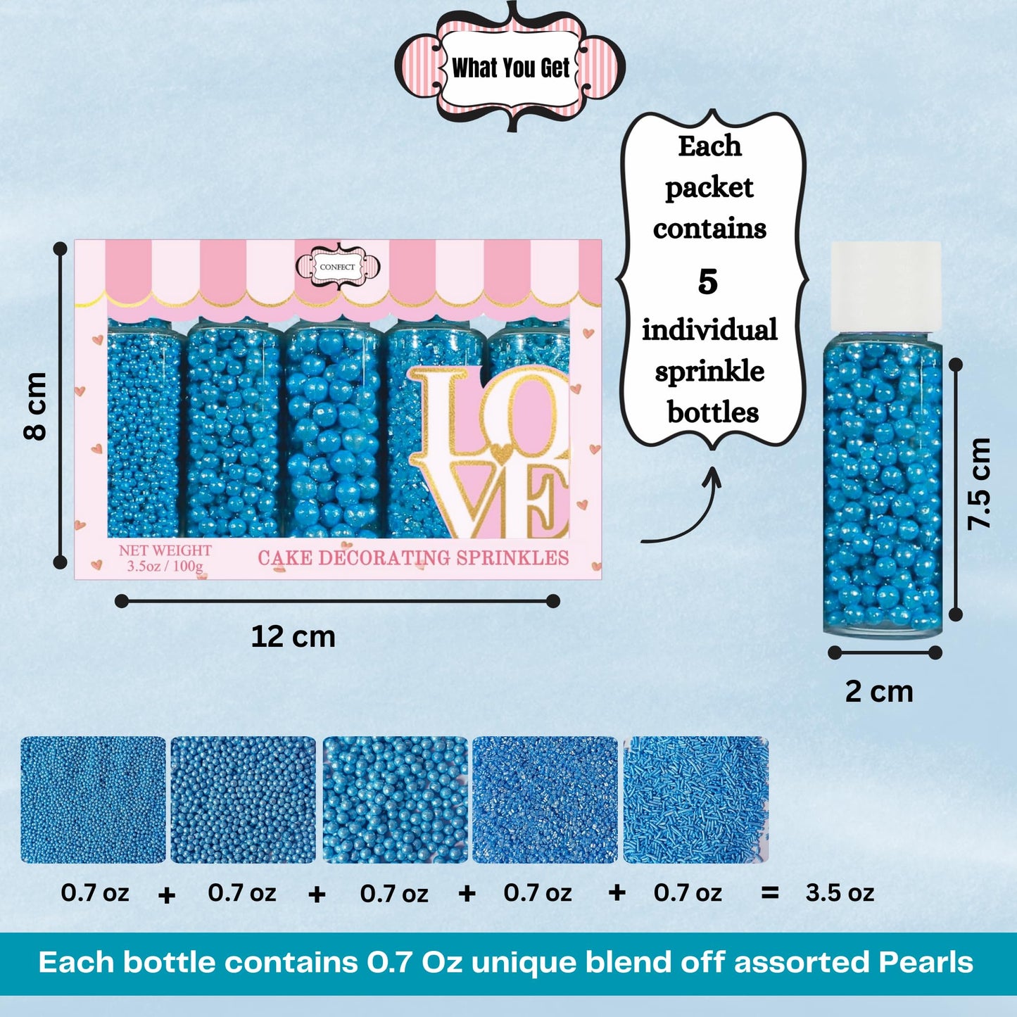 Confect Christmas Sprinkles - Assorted Pack Of 5 (Friday Evening Party Bright Blue Mix With Dragees, Jimmies & Sparkling Sugar)