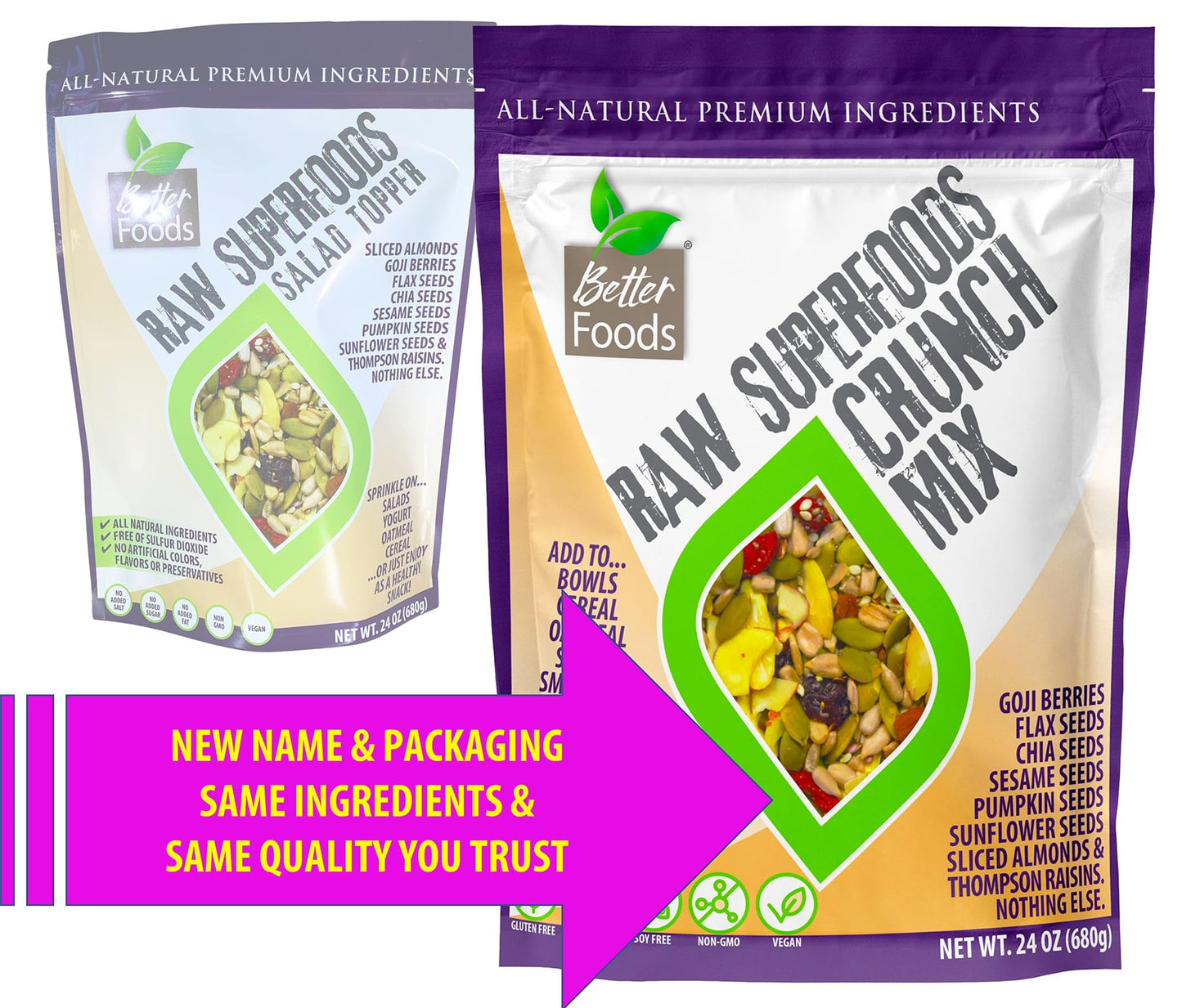 Betterfoods Raw Superfoods Crunch Mix | Premium Pumpkin, Sunflower, Flax, Chia, Sesame Seeds, Almonds, Goji Berries & Raisins Blend | 6G Protein, Vegan, Non-Gmo, No Gluten/Salt/Soy | 24Oz, Pack Of 6