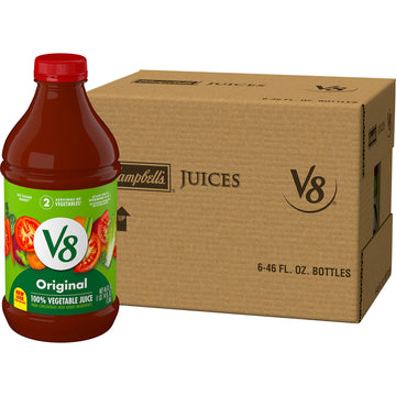 V8 Original 100% Vegetable Juice, 46 fl oz Bottle, Pack of 6 - Healthy Drink, No Added Sugar, Nutrient-Rich Beverage