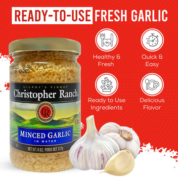 Christopher Ranch Minced Garlic In Water | California Grown Minced Garlic In Jar | Minced From Peeled Garlic Clove For Ultimate Convenience Ideal For Cooking Sauces & Everyday Culinary Delights - 8 Oz