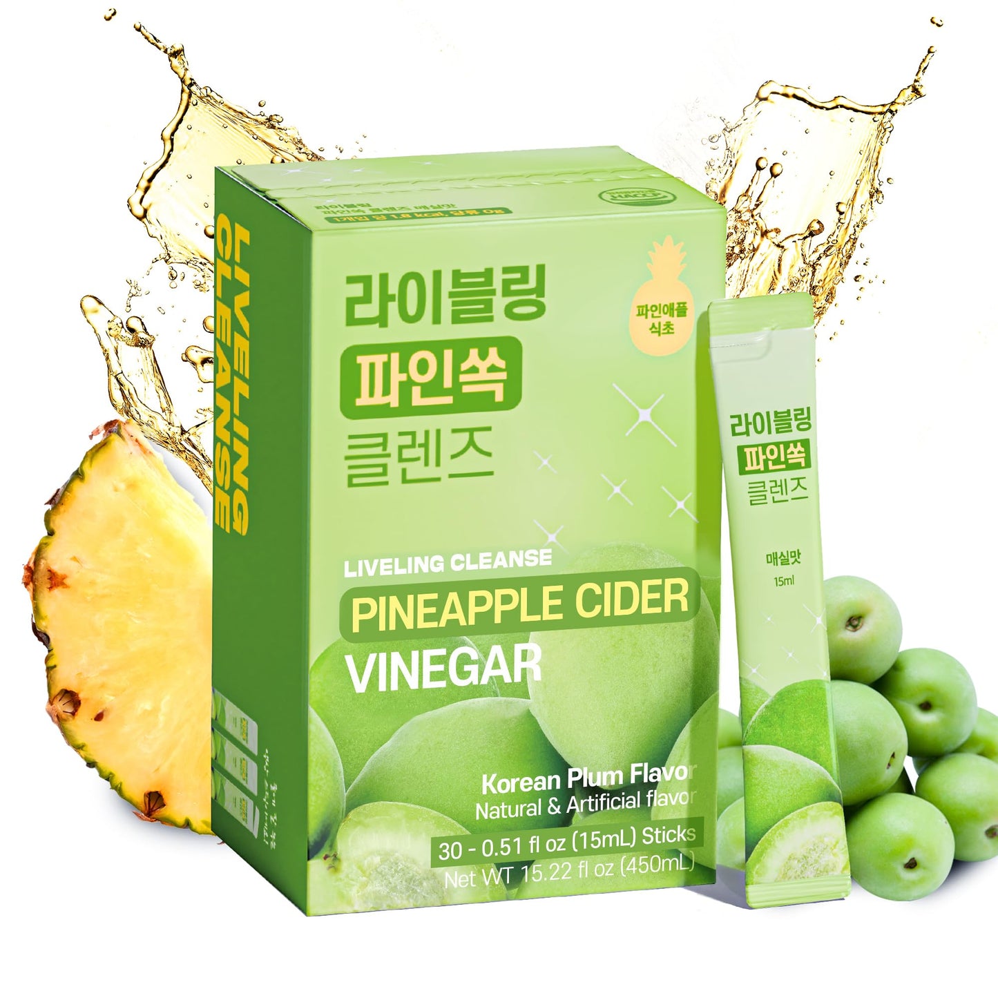 LIVELING Pineapple Cider Vinegar Drink Sticks, Korean-Plum Flavor, Sugar-Free, Low-Calorie, 30 Pack, 0.51 Fl Oz Each