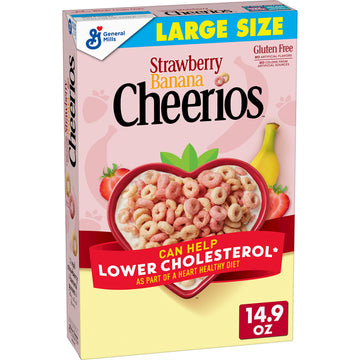Strawberry Banana Flavored Cheerios Cereal, Limited Edition Happy Heart Shapes, Heart Healthy Cereal With Whole Grain Oats, Large Size, 14.9 Oz