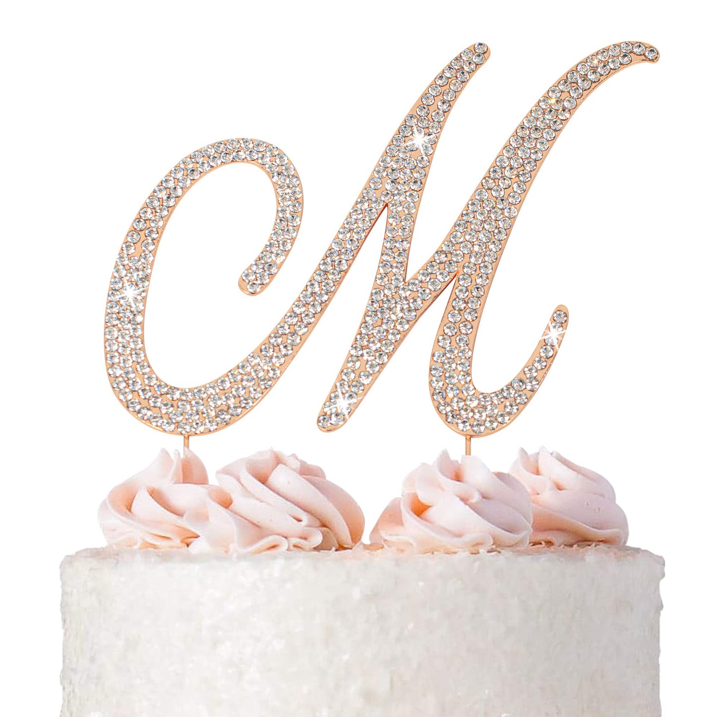 Letter M Cake Topper - Premium Rose Gold Metal - M Monogram Wedding Or Anniversary Party Sparkly Rhinestone Initial Decoration M