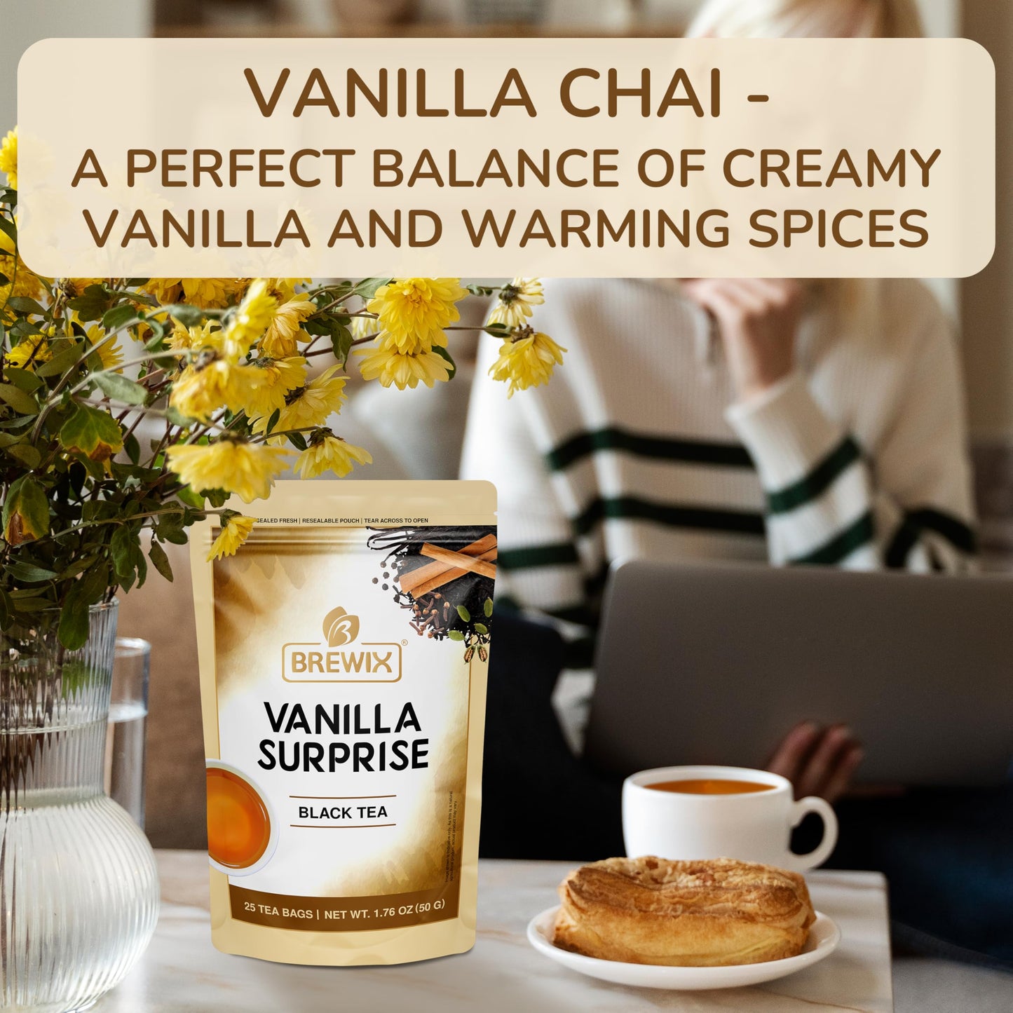 BREWIX Vanilla Spiced Chai Tea - High Caffeine, Gluten Free, 25 Pyramid Tea Bags