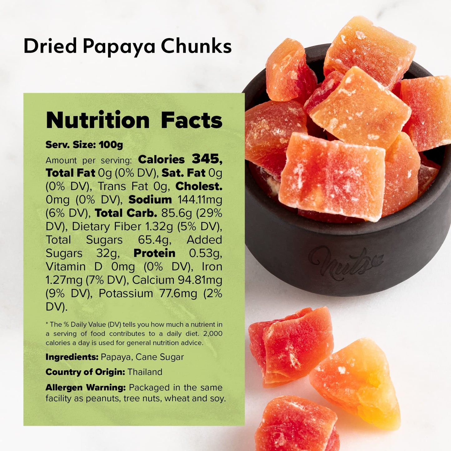 NUTS U.S. Unsulphured Dried Papaya Chunks, Low Sugar, Non-GMO, Gluten Free, Vegan Snacks, 2 lbs Resealable Bag