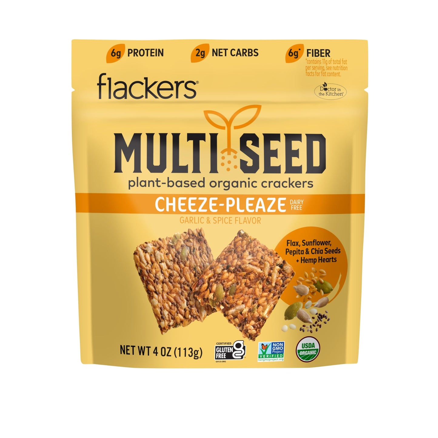 Flackers Organic Cheeze-Pleaze Multi-Seed Crackers, 4 Ounce 1-Pack, Gluten Free, Non Gmo, Vegan, Keto Snack, 6G Protein, 6G Fibe